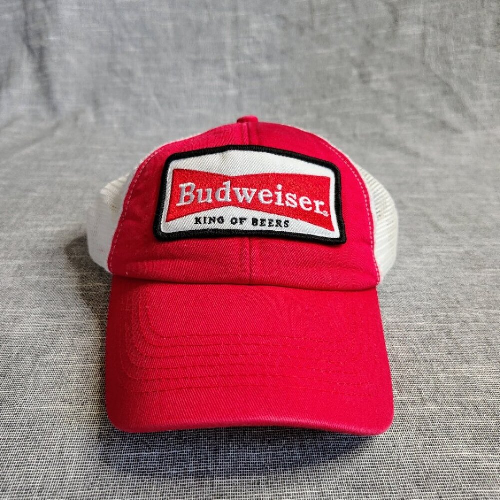 VINTAGE Budweiser Hat Cap Snap Back Red Mesh Trucker Patch Logo Classic‎ Men's